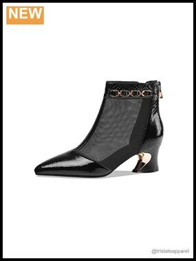 Pointed Toe Block Heel Ankle Booties Leather and Mesh Zip Chain Summer Boot 5cm
